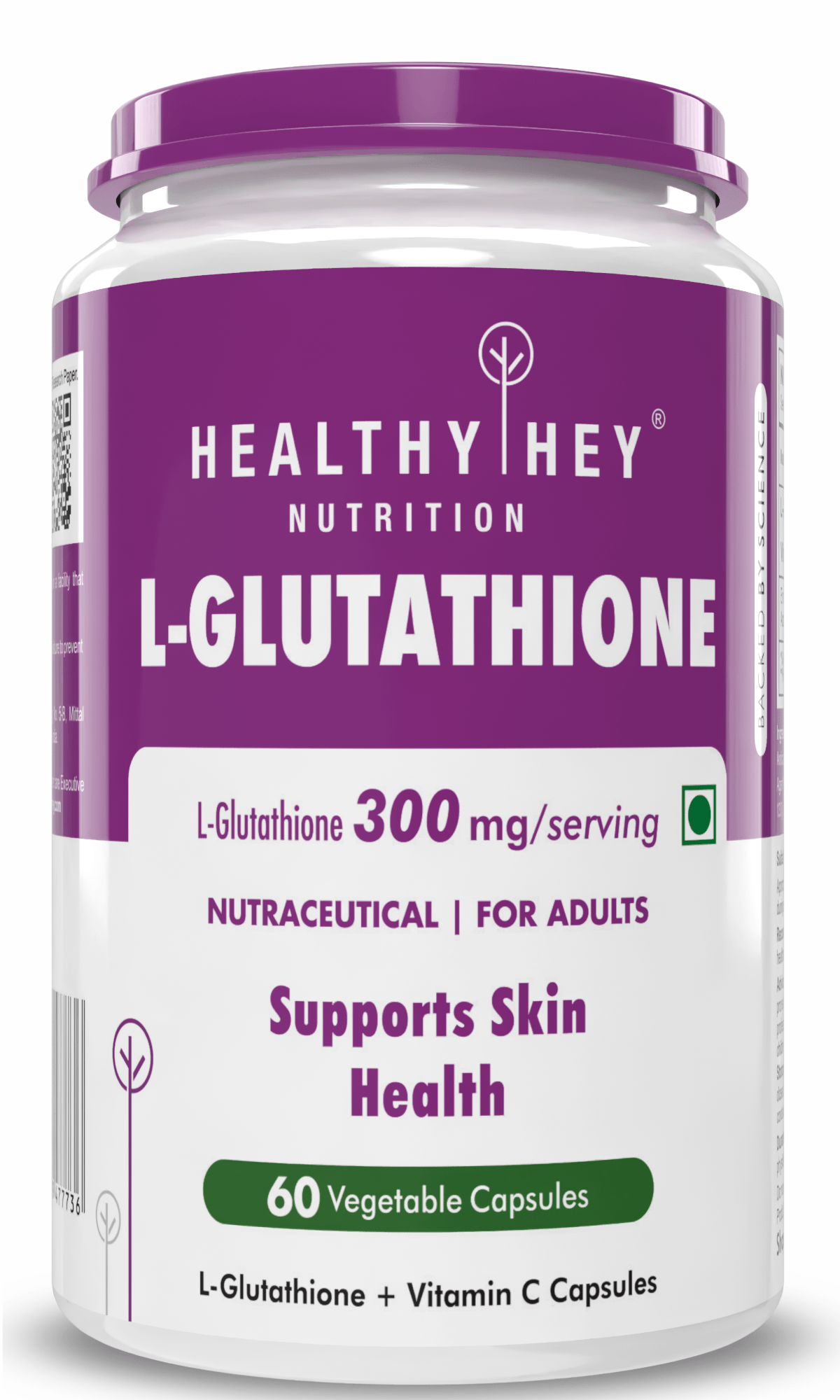 HealthyHey Nutrition Capsule L-Glutathione Supplement, Support Skin Health - 100% Vegetarian Source - 60 Veg Capsules