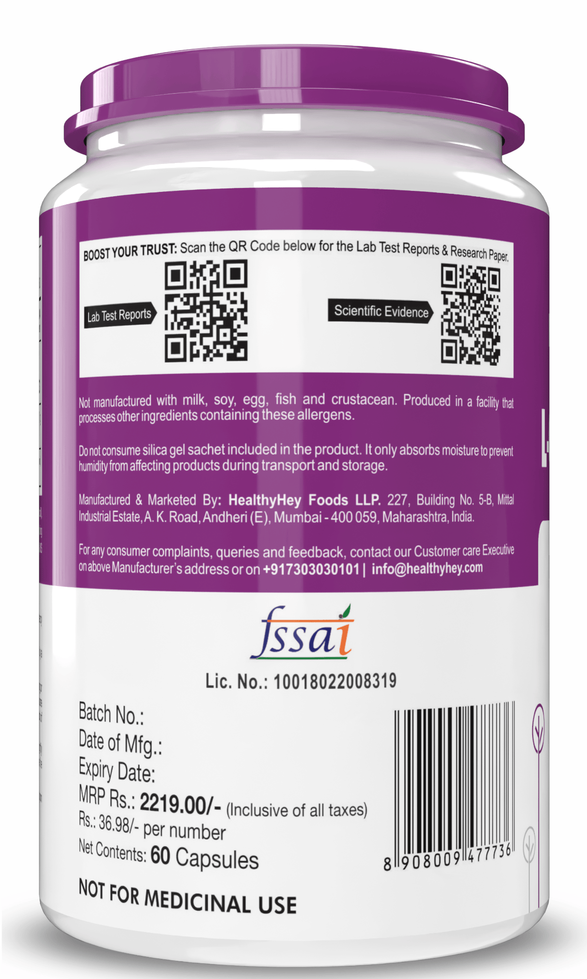 HealthyHey Nutrition Capsule L-Glutathione Supplement, Support Skin Health - 100% Vegetarian Source - 60 Veg Capsules