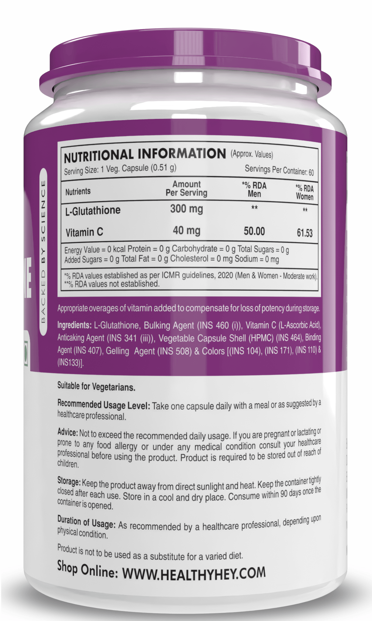 HealthyHey Nutrition Capsule L-Glutathione Supplement, Support Skin Health - 100% Vegetarian Source - 60 Veg Capsules