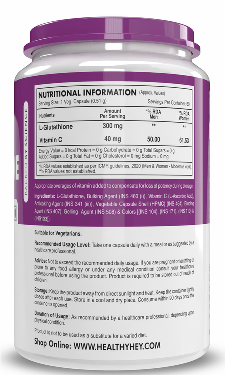HealthyHey Nutrition Capsule L-Glutathione Supplement, Support Skin Health - 100% Vegetarian Source - 60 Veg Capsules
