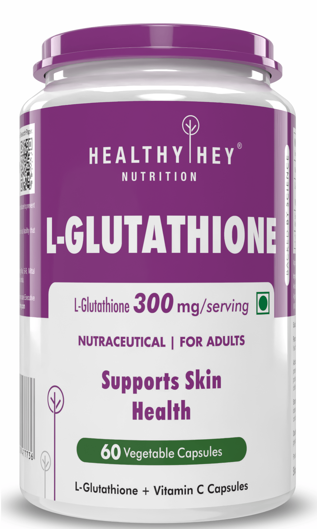 HealthyHey Nutrition Capsule L-Glutathione Supplement, Support Skin Health - 100% Vegetarian Source - 60 Veg Capsules