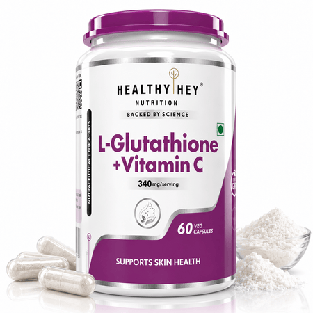 HealthyHey Nutrition Capsule L-Glutathione + Vitamin C Supplement, Support Skin Health - 100% Vegetarian Source - 60 Veg Capsules