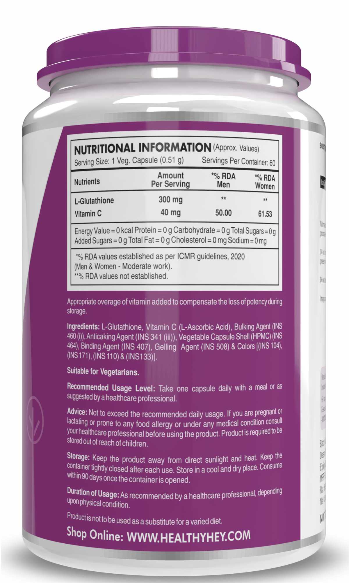 HealthyHey Nutrition Capsule L-Glutathione + Vitamin C Supplement, Support Skin Health - 100% Vegetarian Source - 60 Veg Capsules