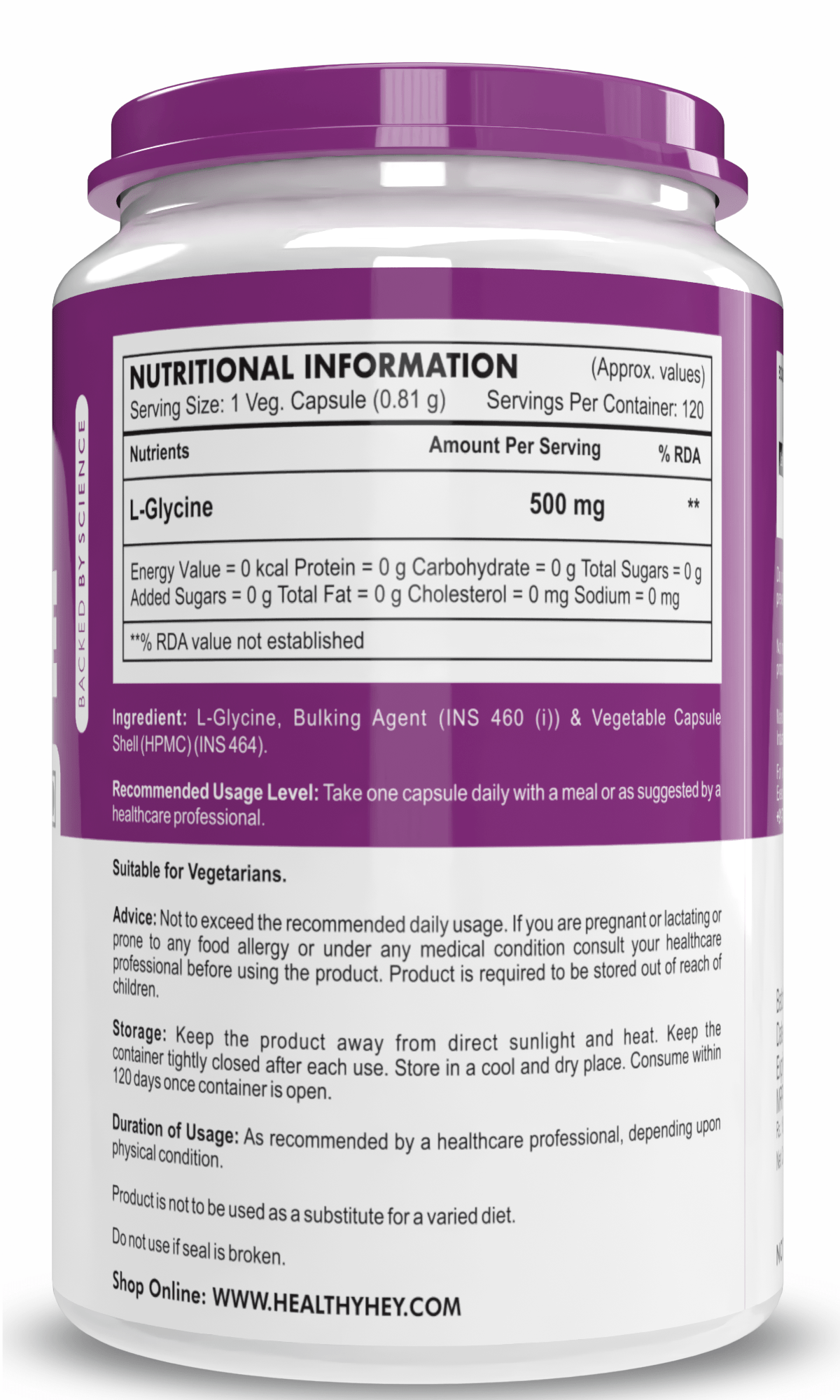 HealthyHey Nutrition Capsule L- Glycine, Support Brain & Sleep Health  120 Veg Capsules