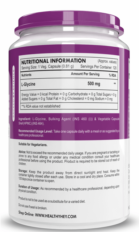 HealthyHey Nutrition Capsule L- Glycine, Support Brain & Sleep Health  120 Veg Capsules