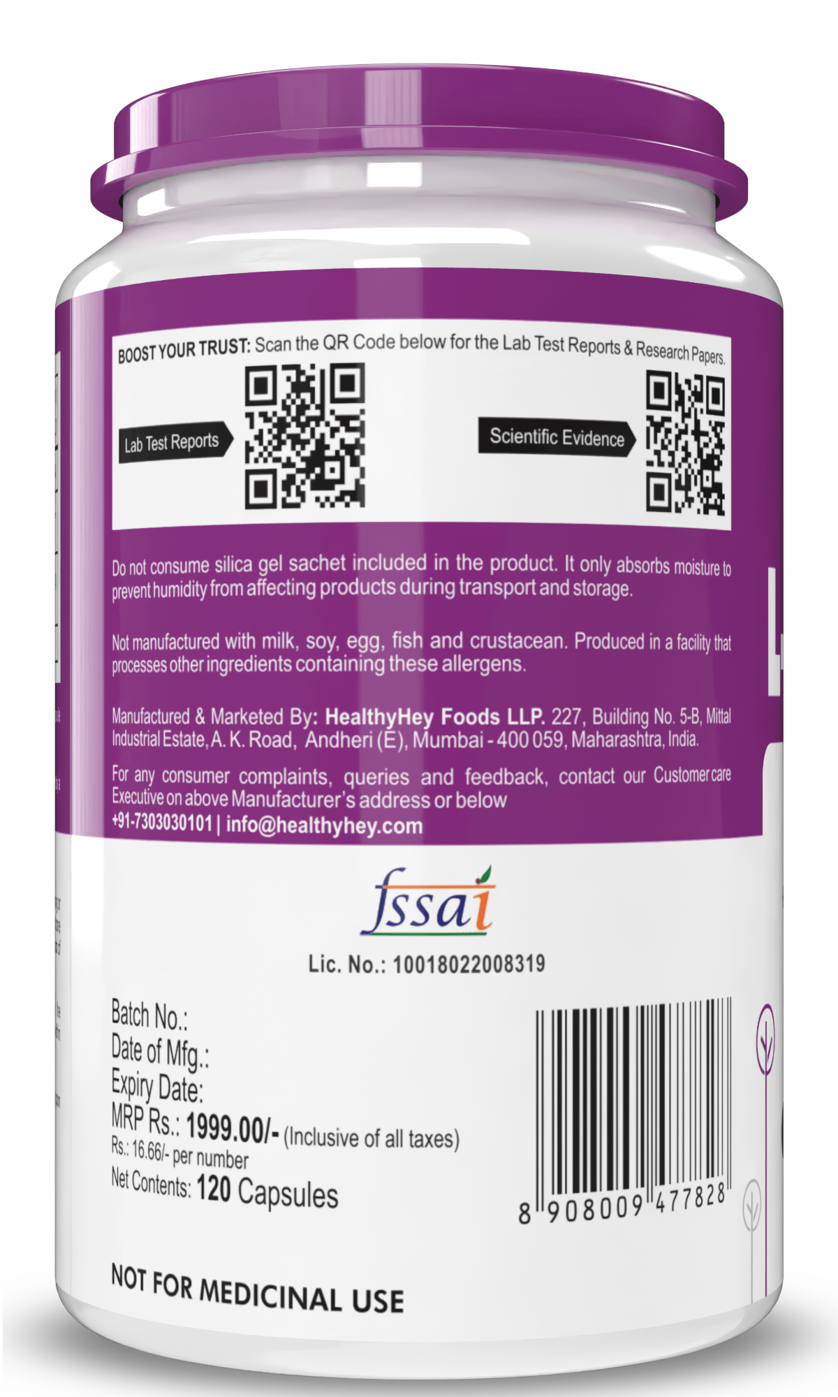 HealthyHey Nutrition Capsule L- Glycine, Support Brain & Sleep Health  120 Veg Capsules