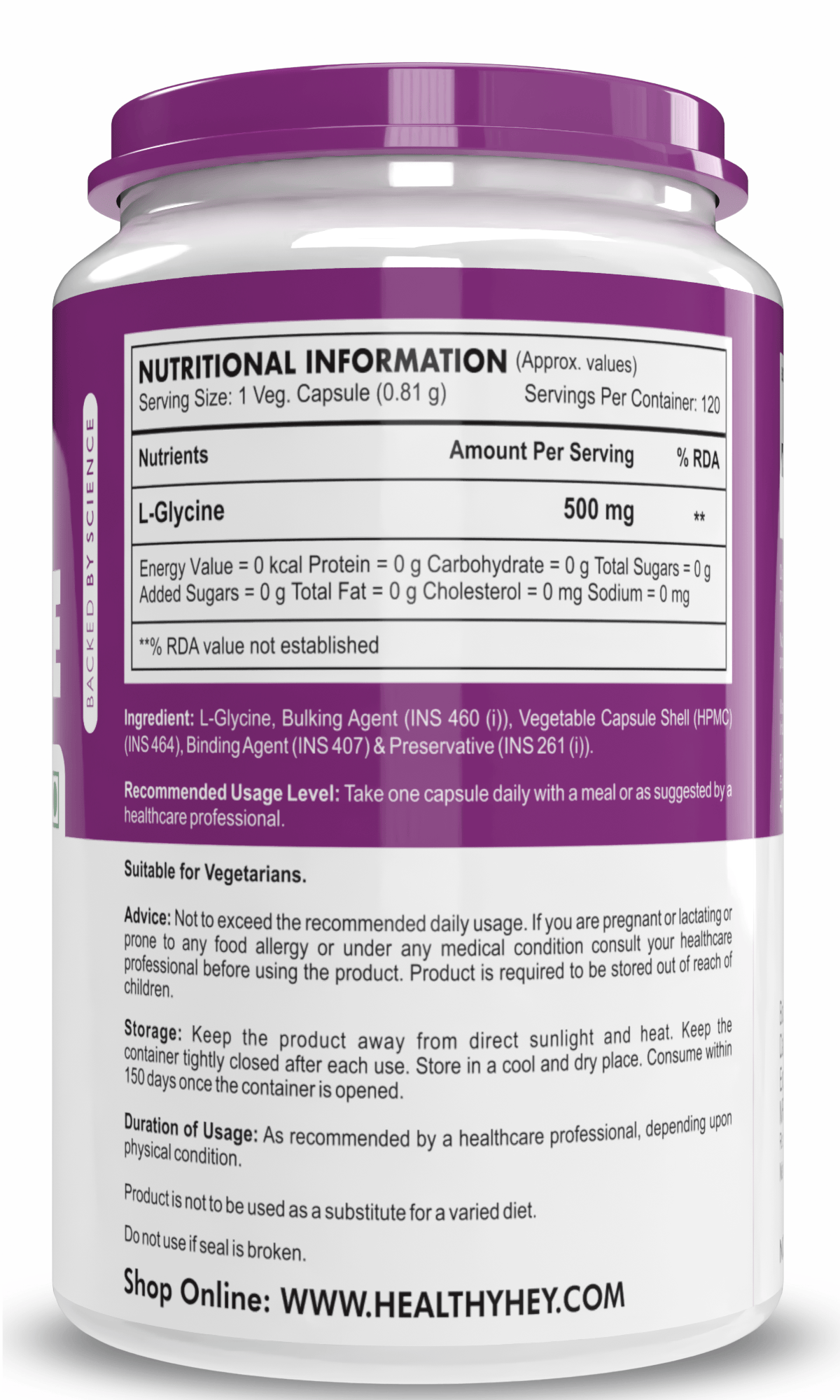 HealthyHey Nutrition Capsule L- Glycine, Support Brain & Sleep Health  120 Veg Capsules