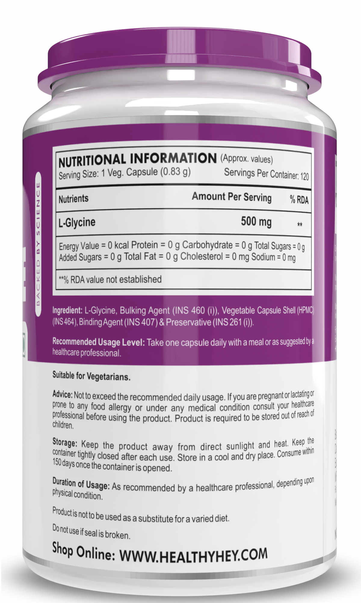 HealthyHey Nutrition Capsule L- Glycine, Support Brain & Sleep Health  120 Veg Capsules