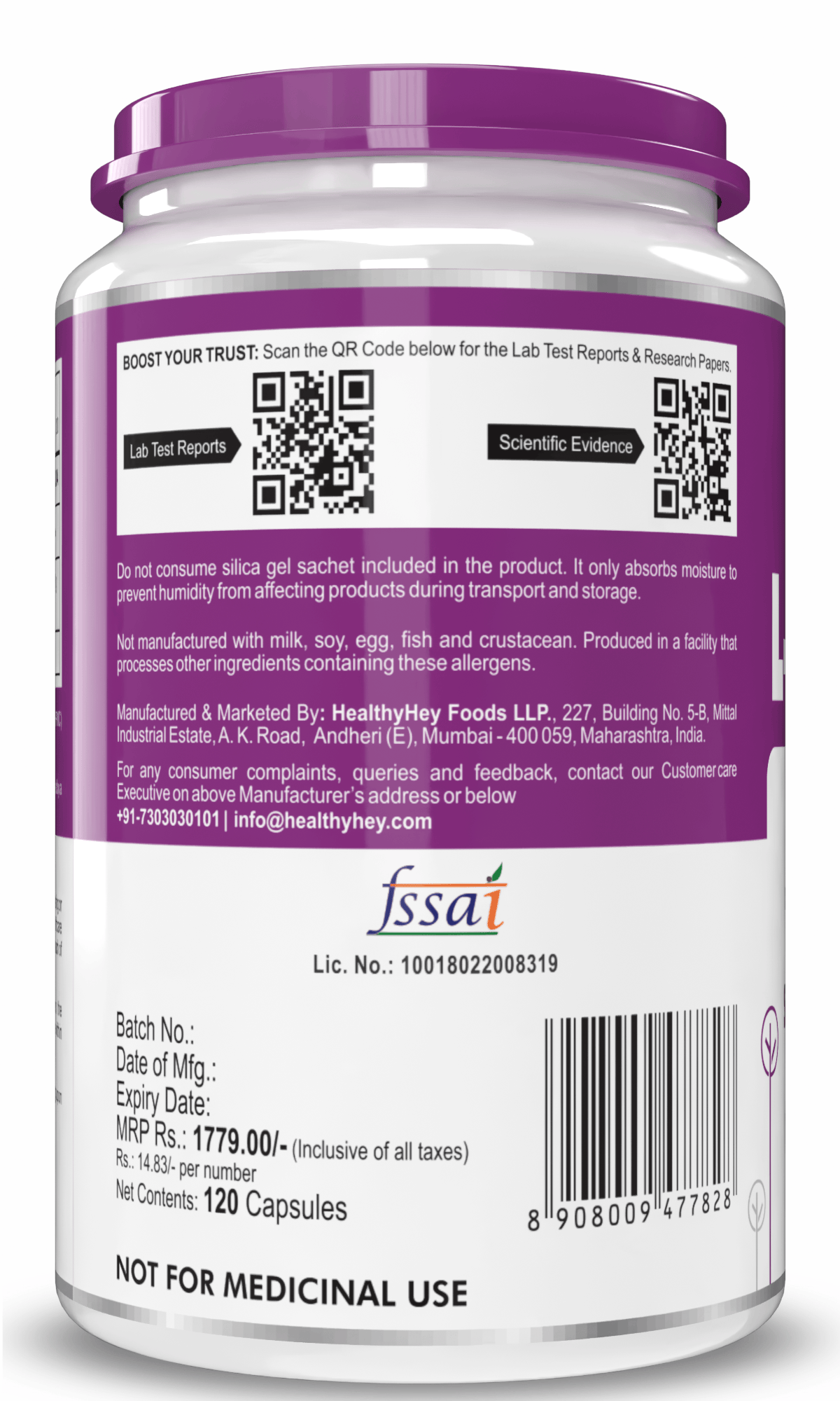 HealthyHey Nutrition Capsule L- Glycine, Support Brain & Sleep Health  120 Veg Capsules