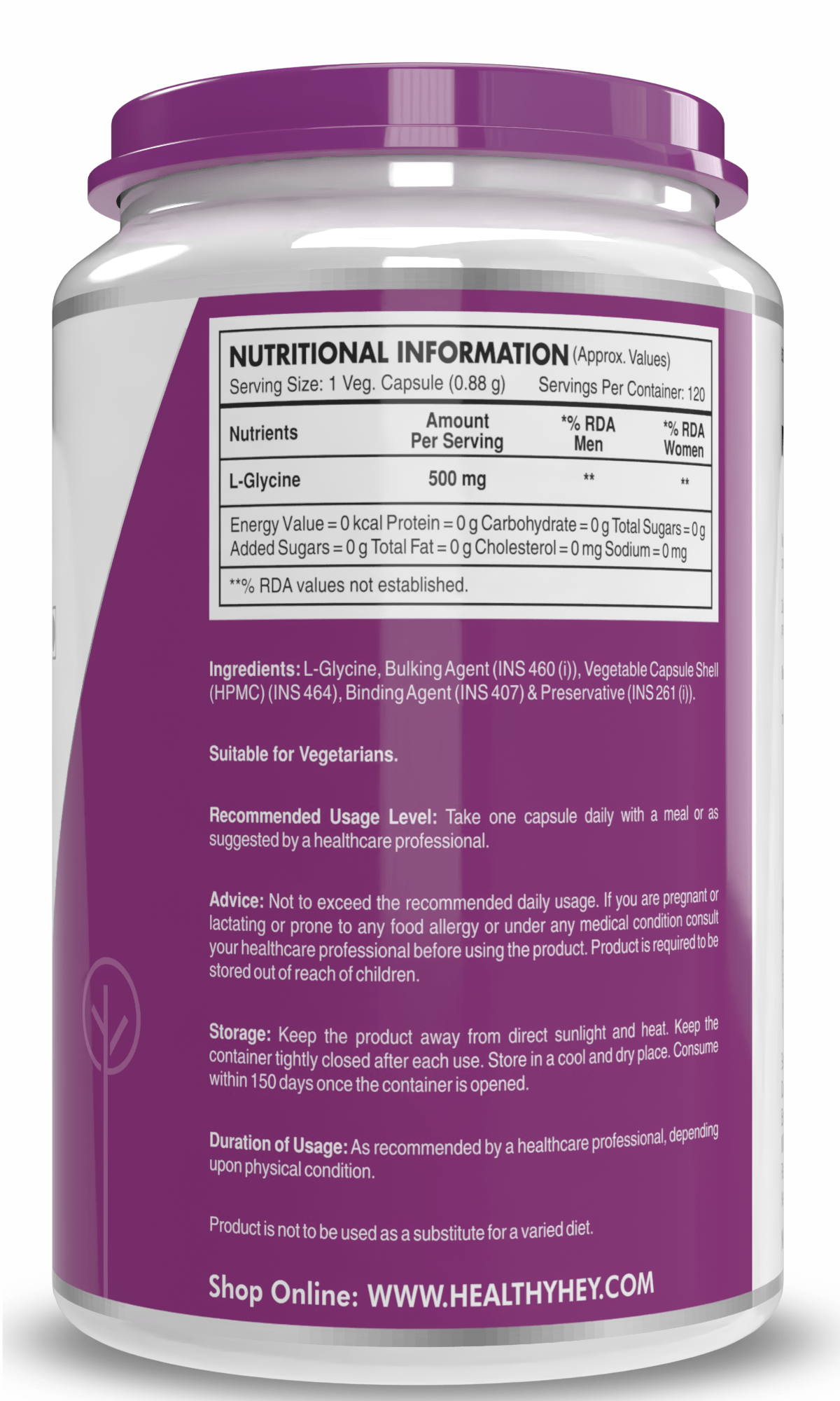 HealthyHey Nutrition Capsule L- Glycine, Support Brain & Sleep Health  120 Veg Capsules