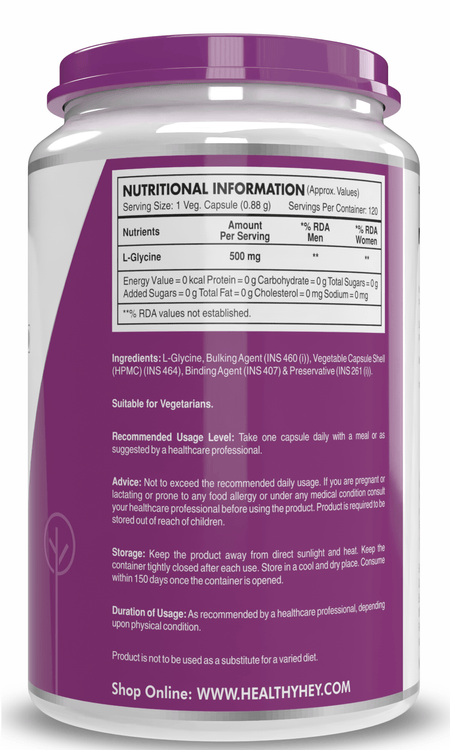 HealthyHey Nutrition Capsule L- Glycine, Support Brain & Sleep Health  120 Veg Capsules