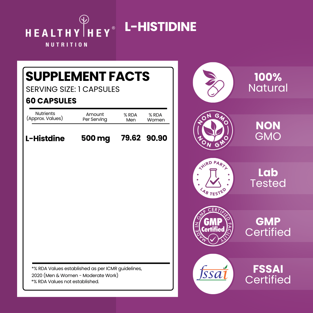 HealthyHey Nutrition Capsule L-Histidine, Support Cognitive Health 60 Veg Capsules