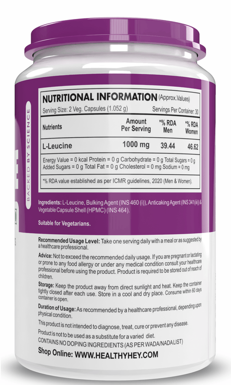HealthyHey Nutrition Capsule L-Leucine 1000mg | Muscle Building & Strengthening | 60 Veg Capsules