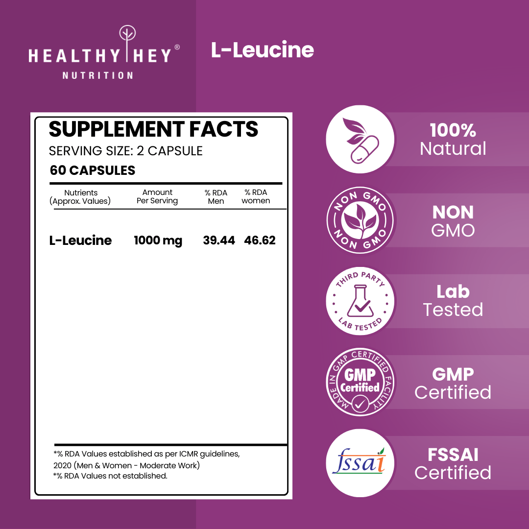 HealthyHey Nutrition Capsule L-Leucine 1000mg | Muscle Building & Strengthening | 60 Veg Capsules