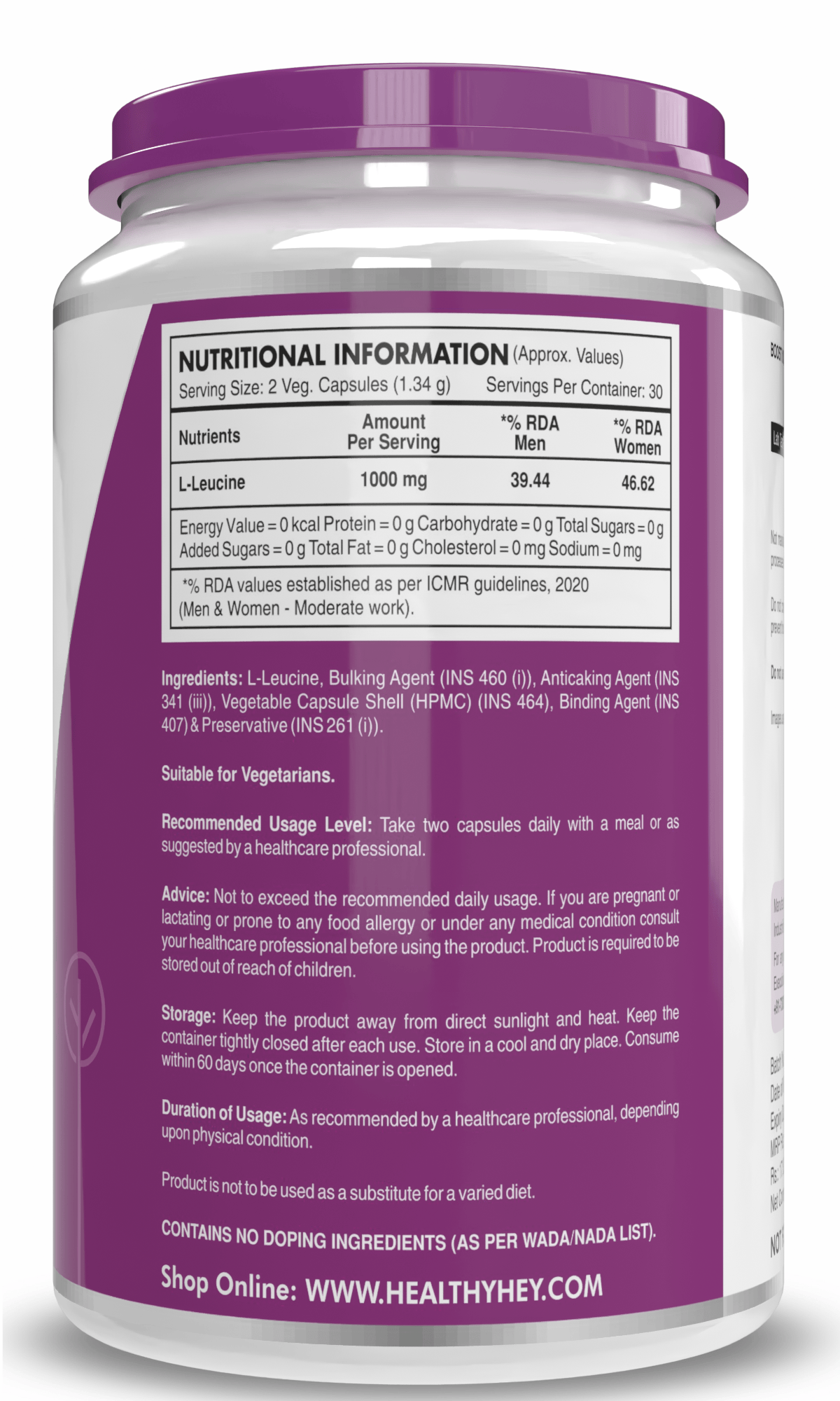 HealthyHey Nutrition Capsule L-Leucine 1000mg | Muscle Building & Strengthening | 60 Veg Capsules
