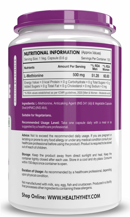 HealthyHey Nutrition Capsule L-Methionine, Antioxidant support & Immune Health Free Form Pure Crystalline, 120 Veg Capsules