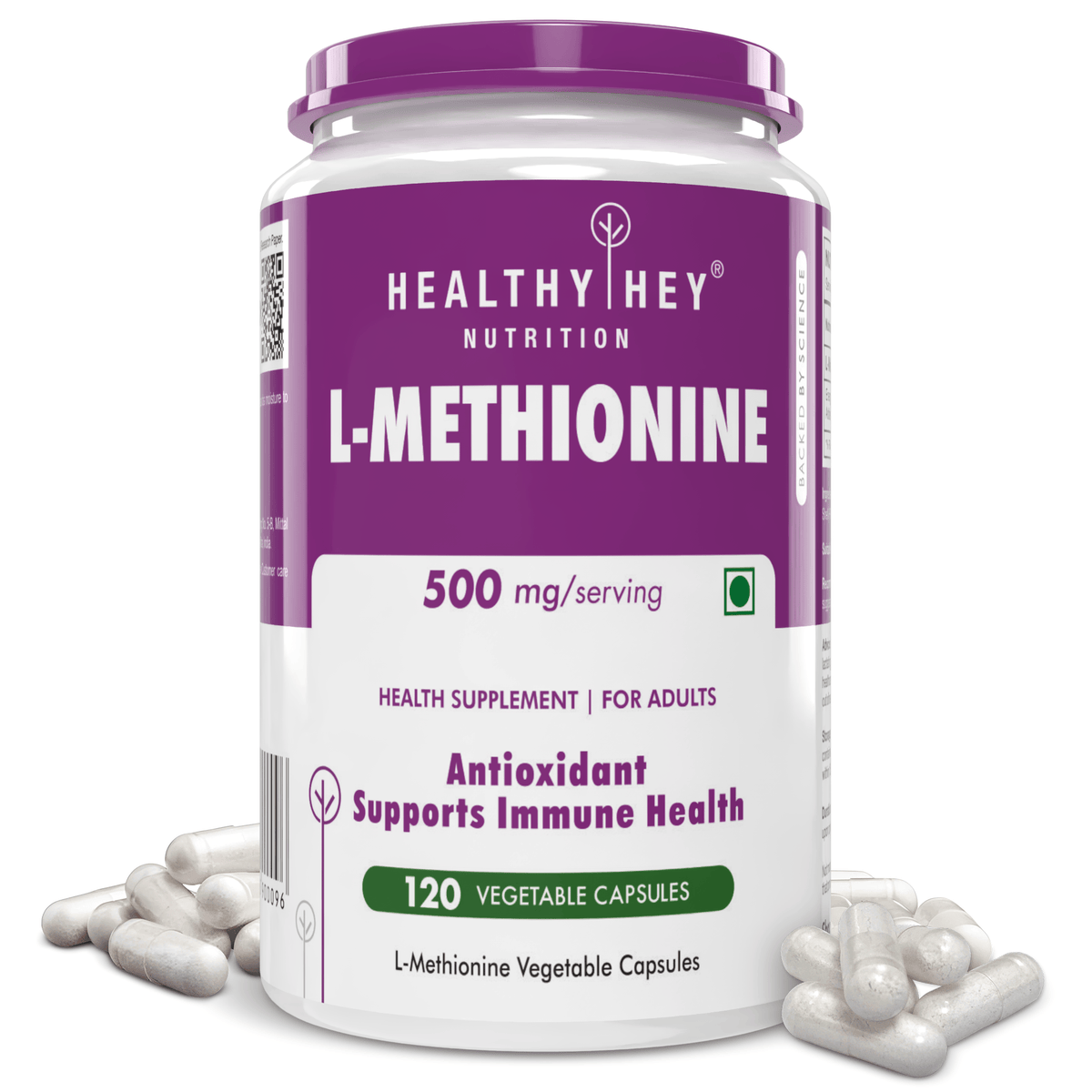 HealthyHey Nutrition Capsule L-Methionine, Antioxidant support & Immune Health Free Form Pure Crystalline, 120 Veg Capsules