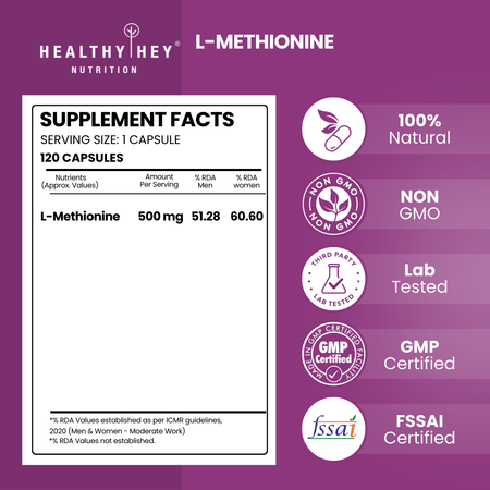 HealthyHey Nutrition Capsule L-Methionine, Antioxidant support & Immune Health Free Form Pure Crystalline, 120 Veg Capsules