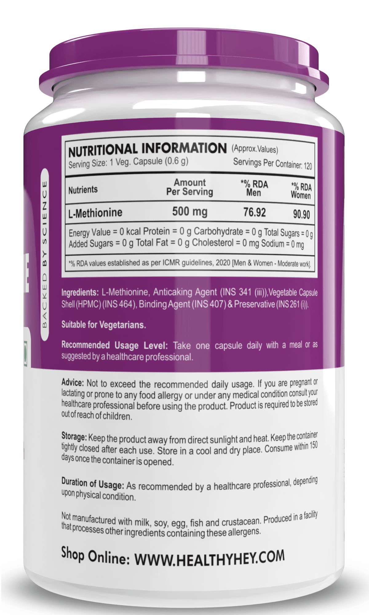 HealthyHey Nutrition Capsule L-Methionine, Antioxidant support & Immune Health Free Form Pure Crystalline, 120 Veg Capsules