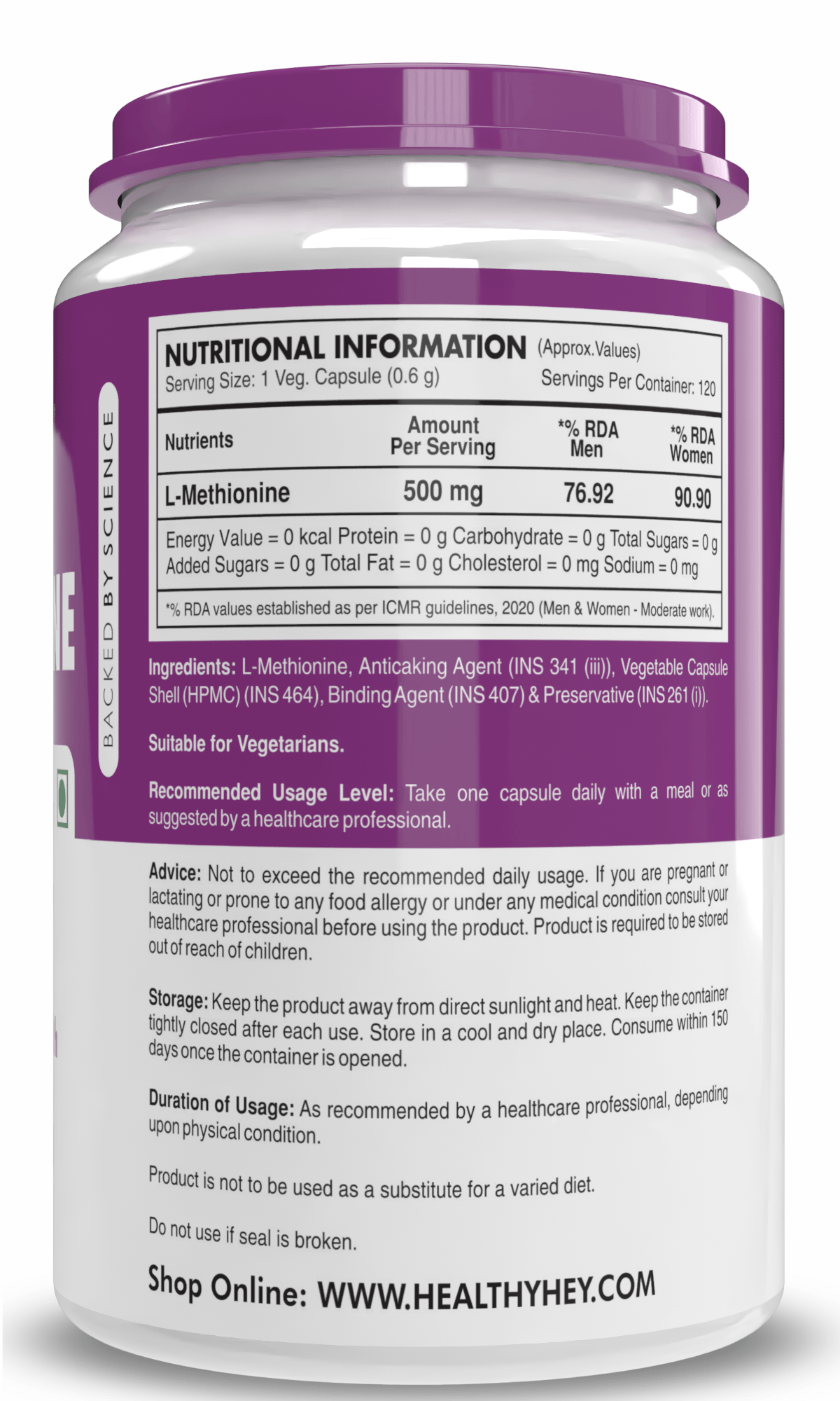 HealthyHey Nutrition Capsule L-Methionine, Antioxidant support & Immune Health Free Form Pure Crystalline, 120 Veg Capsules