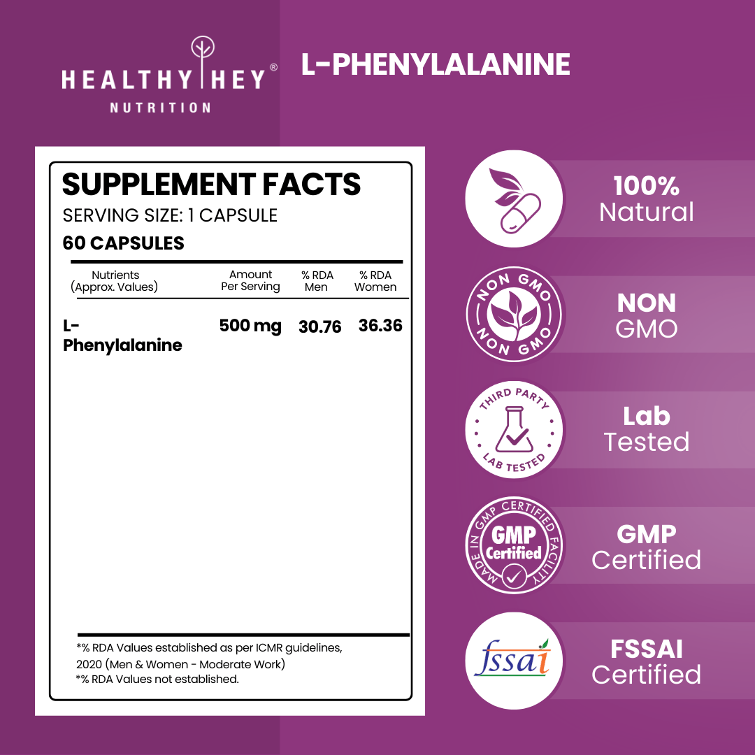 HealthyHey Nutrition Capsule L-Phenylalanine,Support Cognitive Health 60 Veg Capsules - Gluten Free - Non GMO