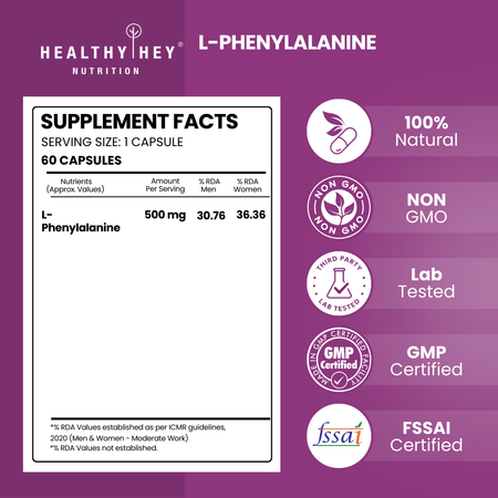 HealthyHey Nutrition Capsule L-Phenylalanine,Support Cognitive Health 60 Veg Capsules - Gluten Free - Non GMO