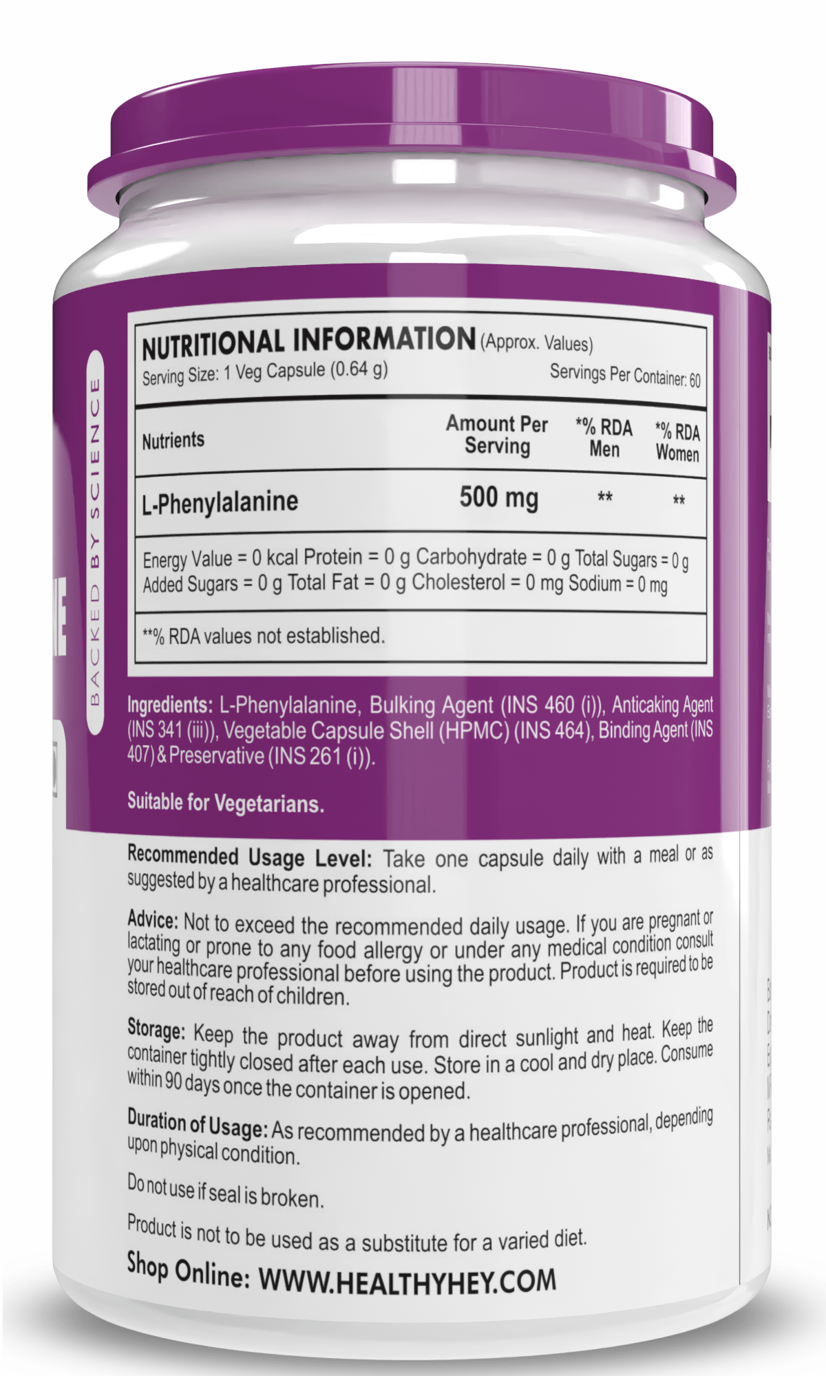 HealthyHey Nutrition Capsule L-Phenylalanine,Support Cognitive Health 60 Veg Capsules - Gluten Free - Non GMO