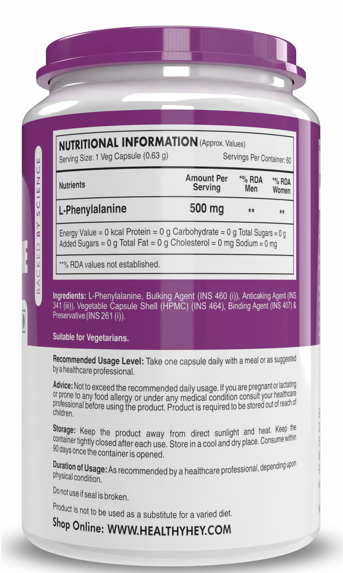 HealthyHey Nutrition Capsule L-Phenylalanine,Support Cognitive Health 60 Veg Capsules - Gluten Free - Non GMO