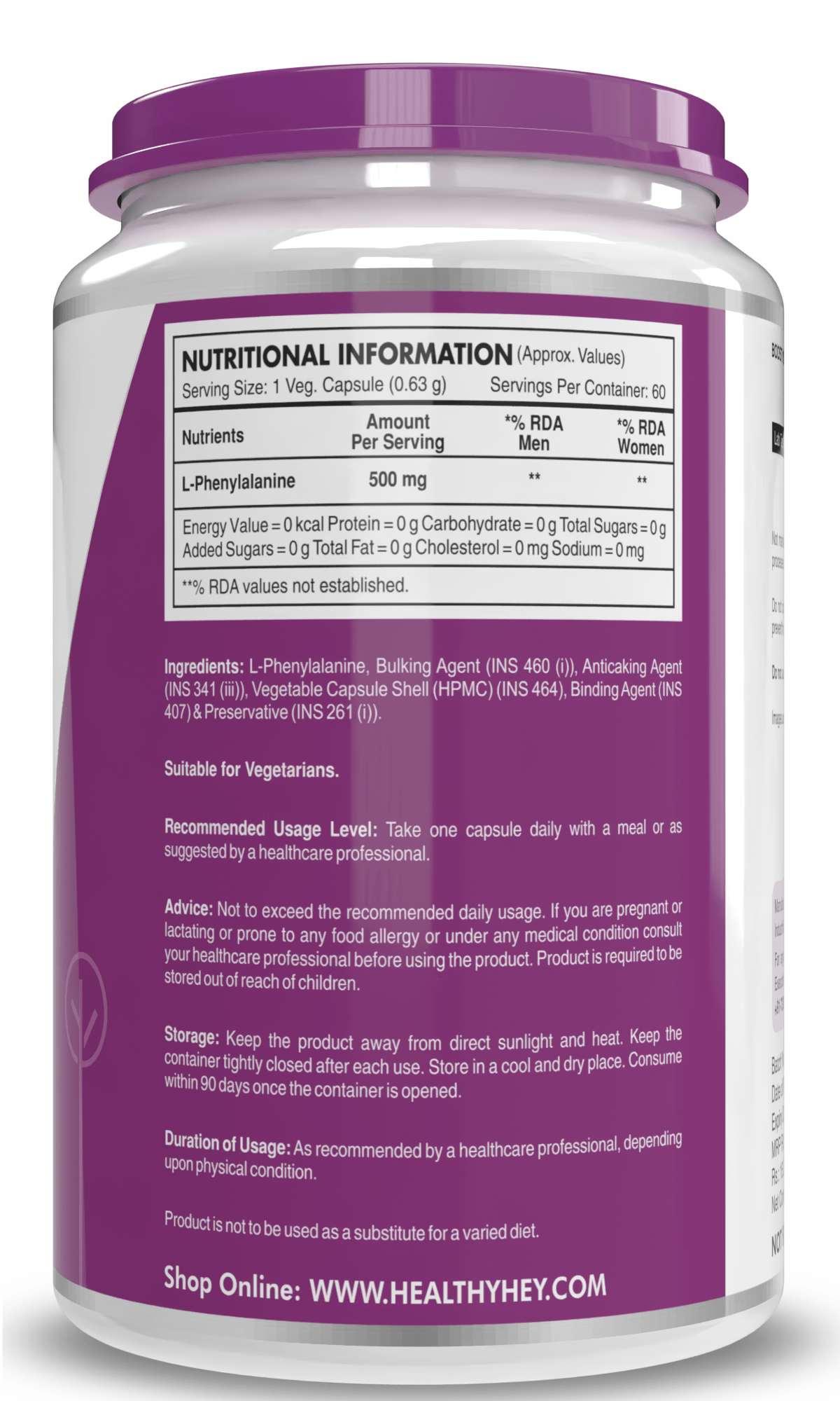 HealthyHey Nutrition Capsule L-Phenylalanine,Support Cognitive Health 60 Veg Capsules - Gluten Free - Non GMO