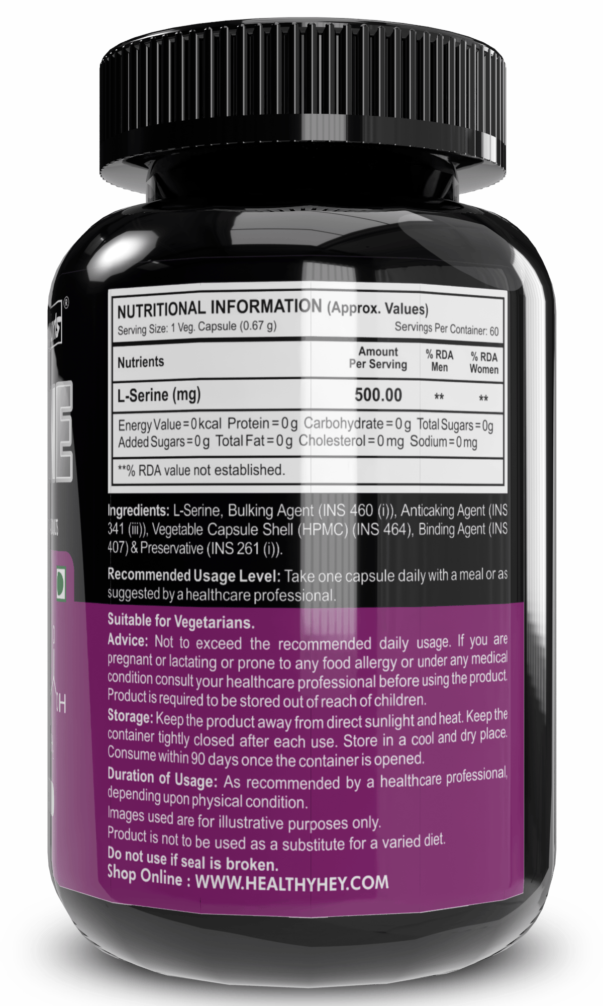HealthyHey Nutrition Capsule L-Serine 500mg Capsules for Optimal Brain Health - 60 Vegetarian Capsules
