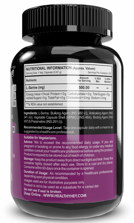HealthyHey Nutrition Capsule L-Serine 500mg Capsules for Optimal Brain Health - 60 Vegetarian Capsules