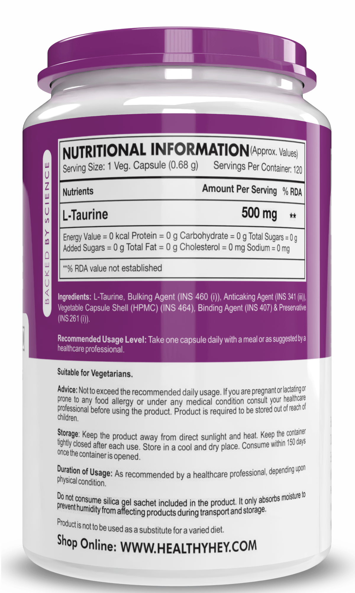 HealthyHey Nutrition Capsule L-Taurine, Support Muscle recovery Amino, Acid Supplement -120 Veg Capsules