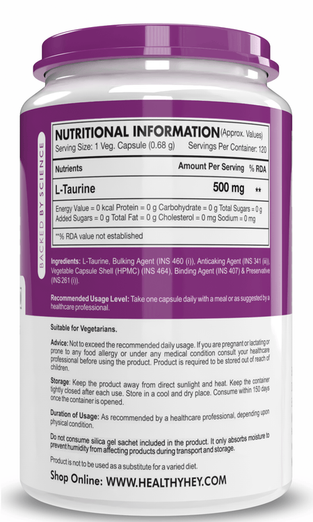 HealthyHey Nutrition Capsule L-Taurine, Support Muscle recovery Amino, Acid Supplement -120 Veg Capsules