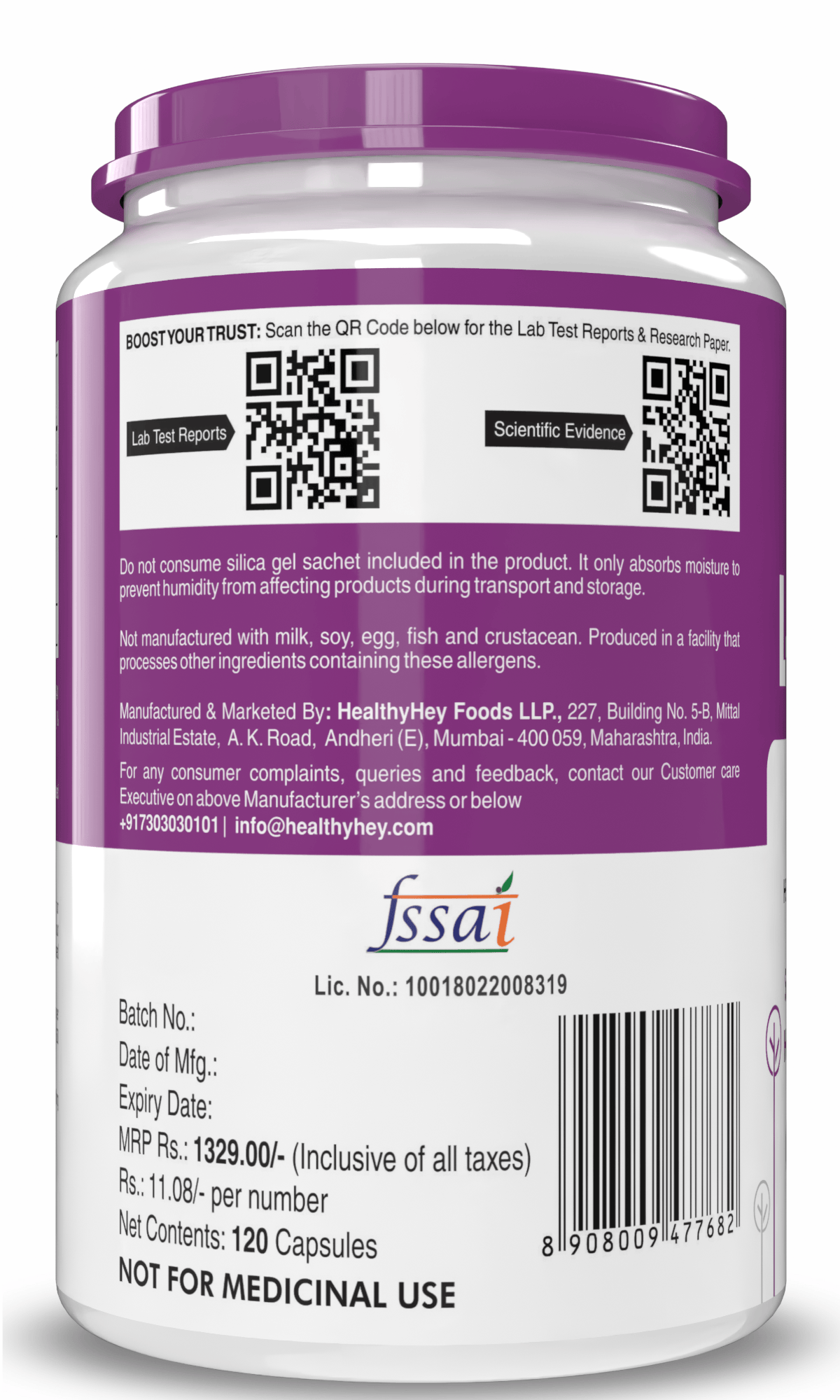 HealthyHey Nutrition Capsule L-Taurine, Support Muscle recovery Amino, Acid Supplement -120 Veg Capsules