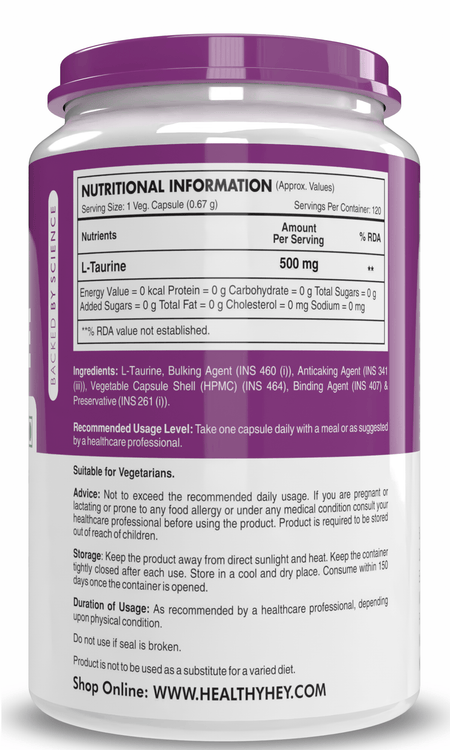 HealthyHey Nutrition Capsule L-Taurine, Support Muscle recovery Amino, Acid Supplement -120 Veg Capsules