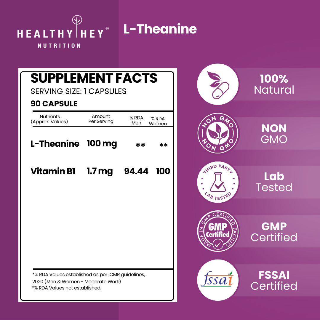 HealthyHey Nutrition Capsule L-Theanine, Support cognitive Health relaxation -90 Veg Capsules