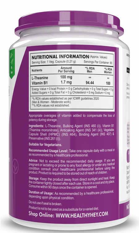 HealthyHey Nutrition Capsule L-Theanine, Support cognitive Health relaxation -90 Veg Capsules