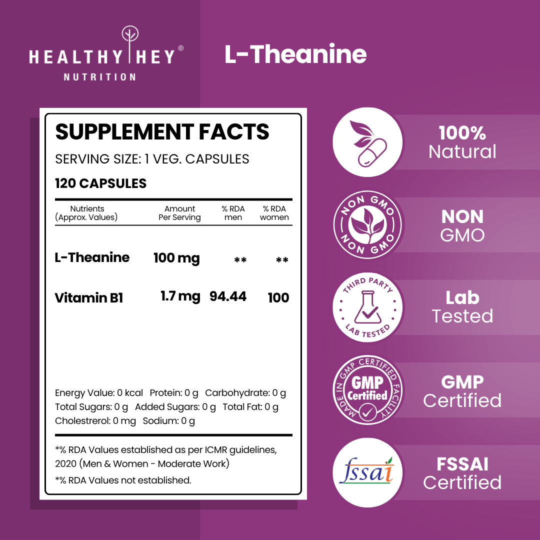 HealthyHey Nutrition Capsule L-Theanine, Support cognitive Support Health relaxation 120 Veg Capsules
