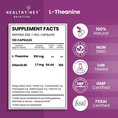HealthyHey Nutrition Capsule L-Theanine, Support cognitive Support Health relaxation 120 Veg Capsules