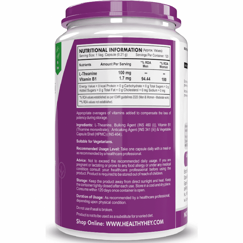 HealthyHey Nutrition Capsule L-Theanine, Support cognitive Support Health relaxation 120 Veg Capsules