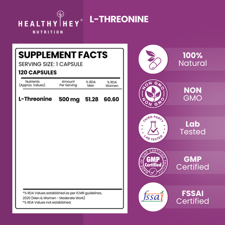 HealthyHey Nutrition Capsule L-Threonine, Support Immune & Gut Health - Essential Amino Acid -120 Veg Capsules