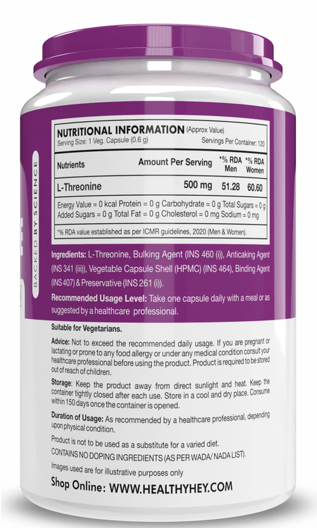 HealthyHey Nutrition Capsule L-Threonine, Support Immune & Gut Health - Essential Amino Acid -120 Veg Capsules