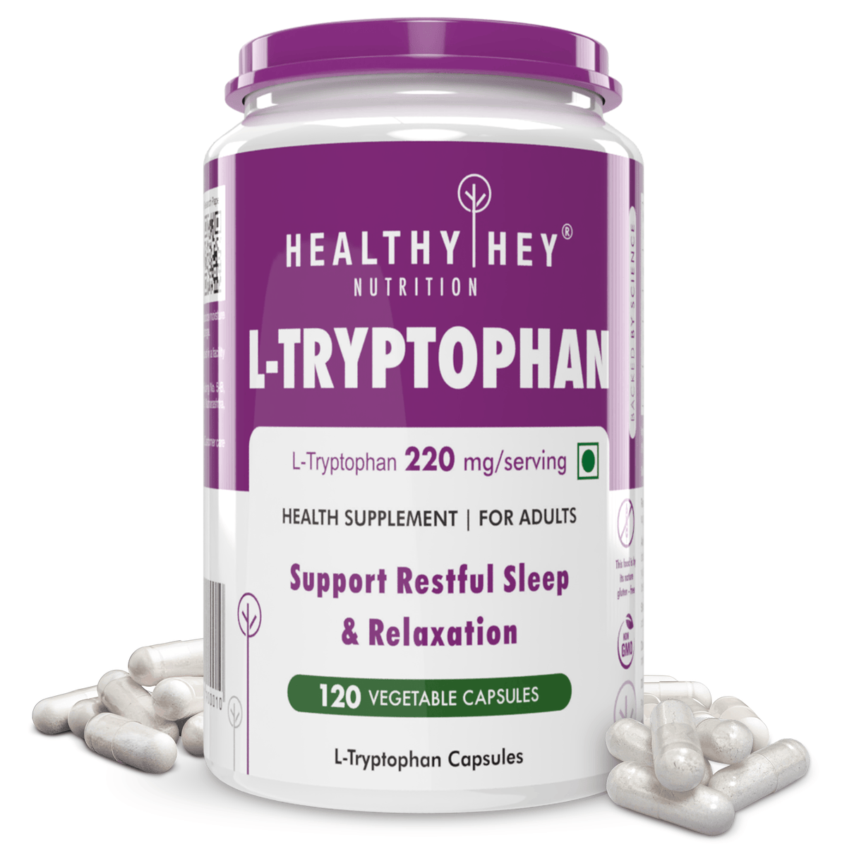 HealthyHey Nutrition Capsule L-Tryptophan,Supports Restful sleep & Relaxation 120 Veg Capsules