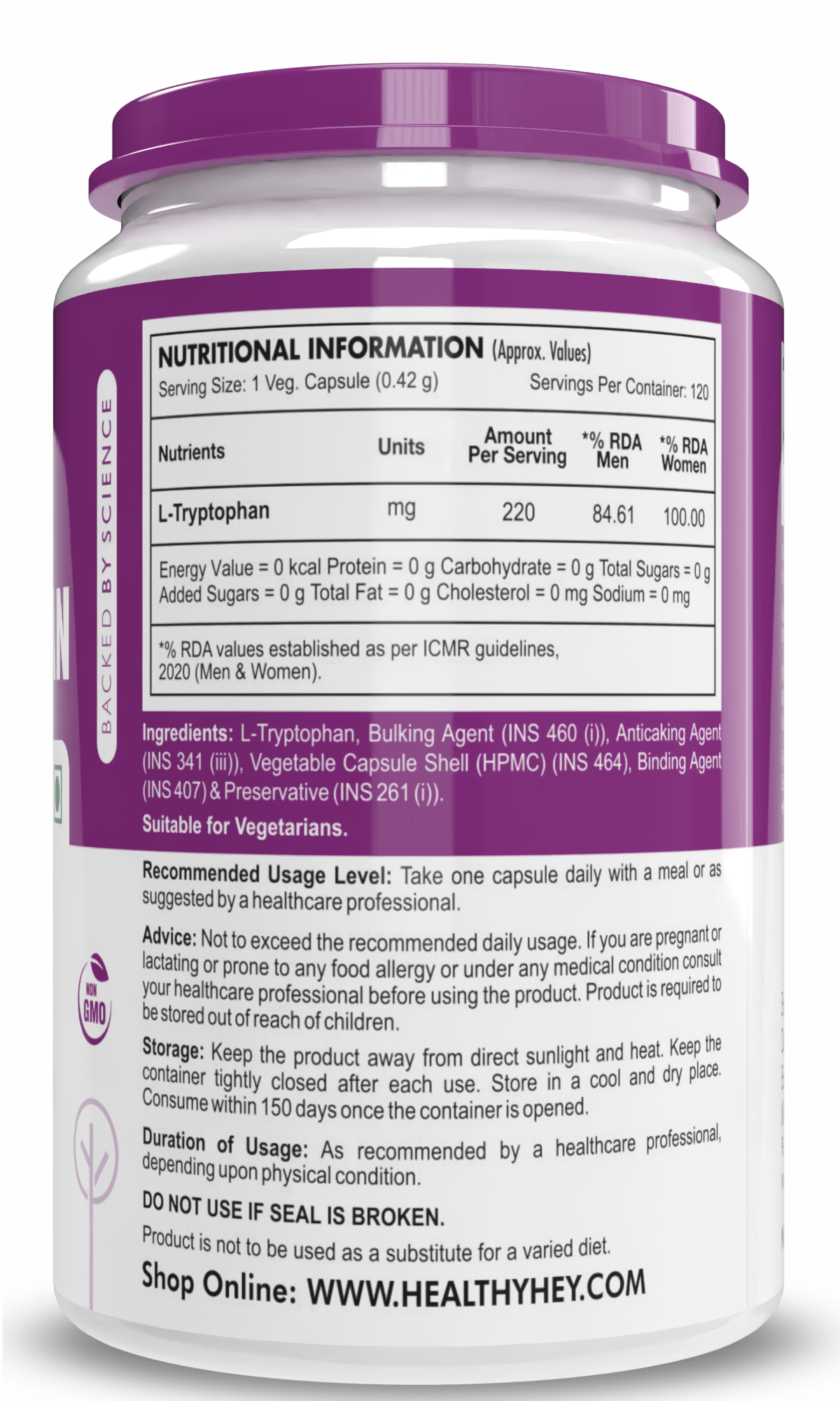 HealthyHey Nutrition Capsule L-Tryptophan,Supports Restful sleep & Relaxation 120 Veg Capsules
