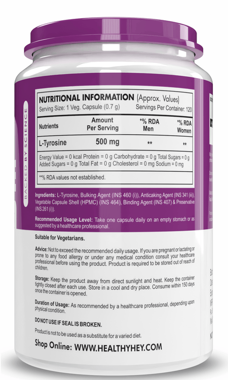 HealthyHey Nutrition Capsule L-Tyrosine, Supports cognitive health stress & fatigue 120 veg Capsules