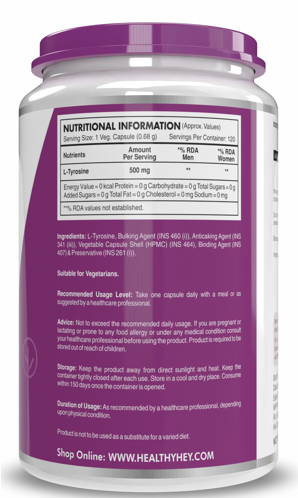 HealthyHey Nutrition Capsule L-Tyrosine, Supports cognitive health stress & fatigue 120 veg Capsules