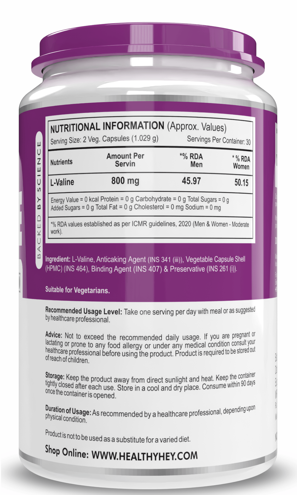 HealthyHey Nutrition Capsule L-Valine BCAA Supplement - Supports Muscle Health - 60 Veg Capsules