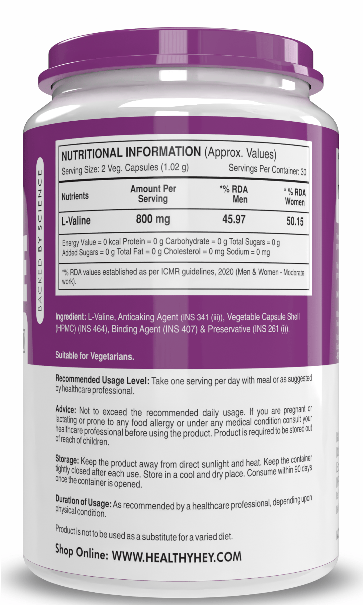 HealthyHey Nutrition Capsule L-Valine BCAA Supplement - Supports Muscle Health - 60 Veg Capsules