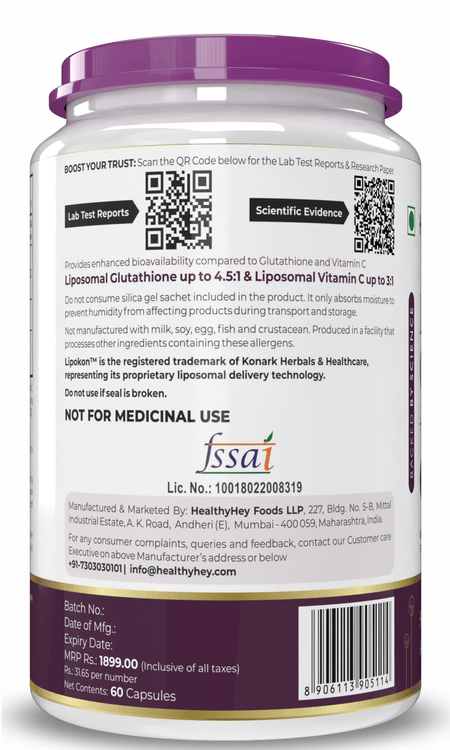 HealthyHey Nutrition Capsule Liposomal Glutathione Plus Vitamin C Supports skin Health and radiance 60 Vegetable Capsules
