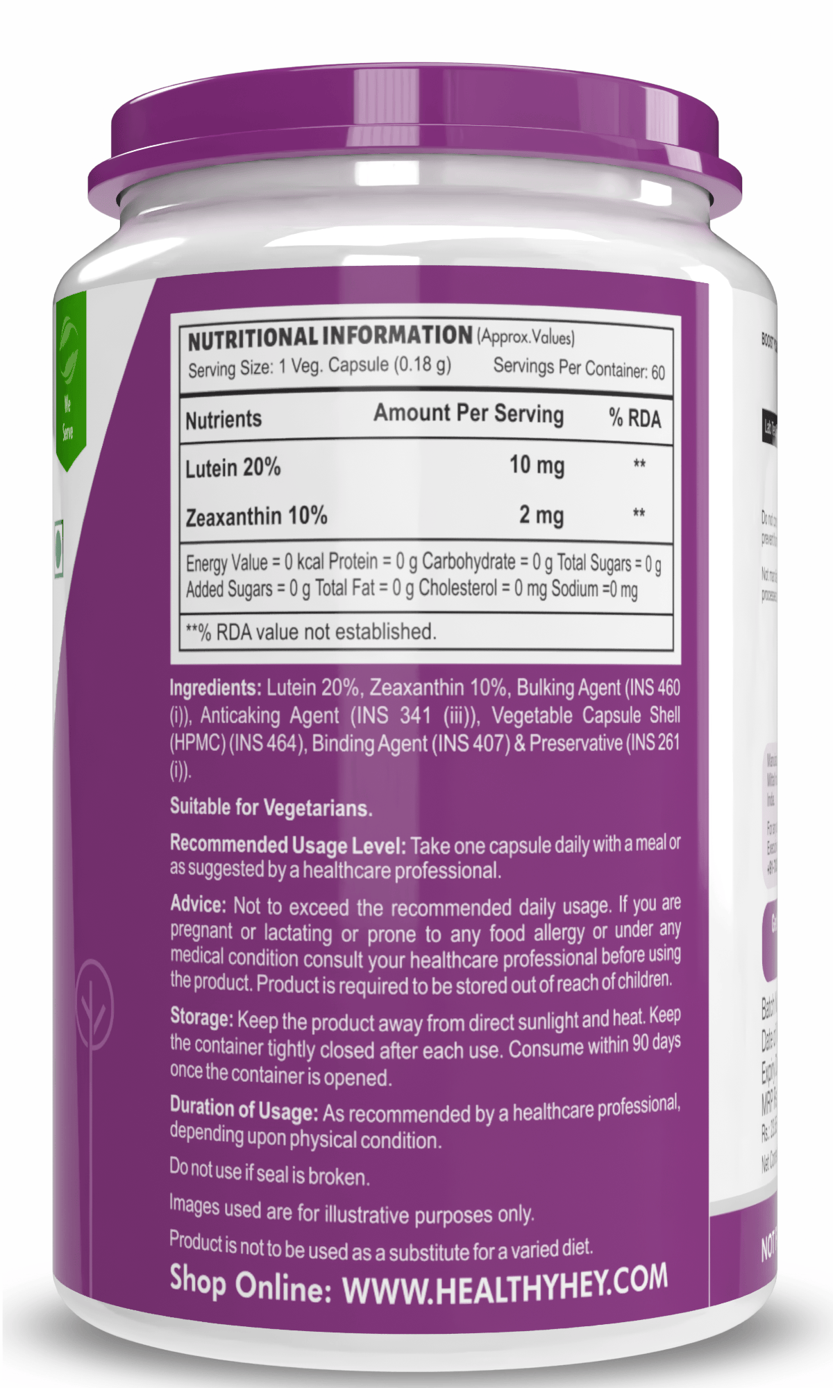HealthyHey Nutrition Capsule Lutein with Zeaxanthin, Support Eye Health -60 Veg. Capsules